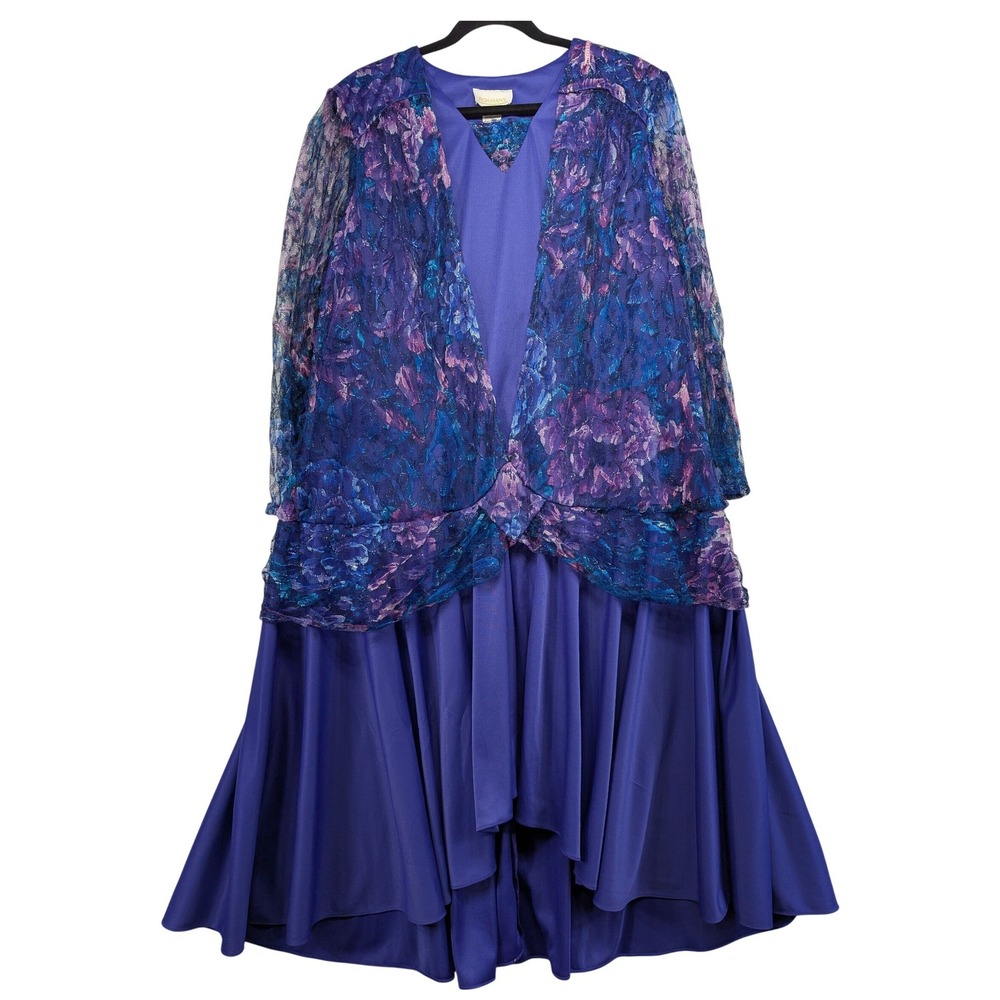 Roamans Purple Floral Lace Overlay Dress Layered‎ Midi Skirt Size 2XL